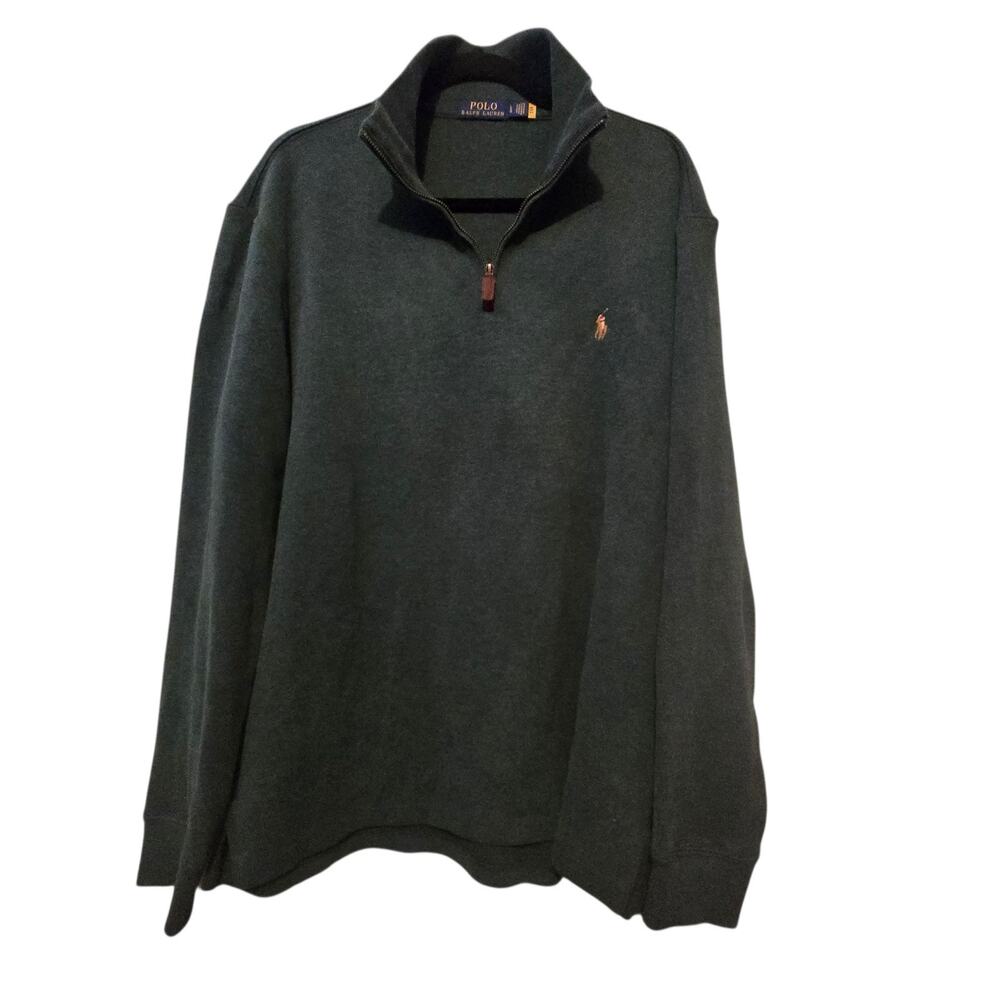 Polo Ralph Lauren 1/4 Zip Sweater Men LG Gray Green Long Sleeve Cotton Pony Logo